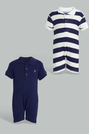 Navy And White Stripe Romper For Babies (Pack of 2)