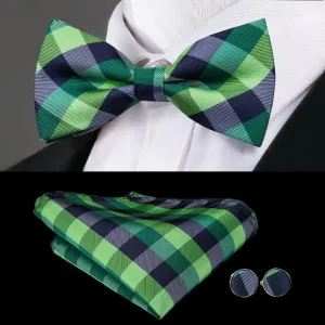 Navy Blue & Green Plaid Matching Bowtie Set (3pc)