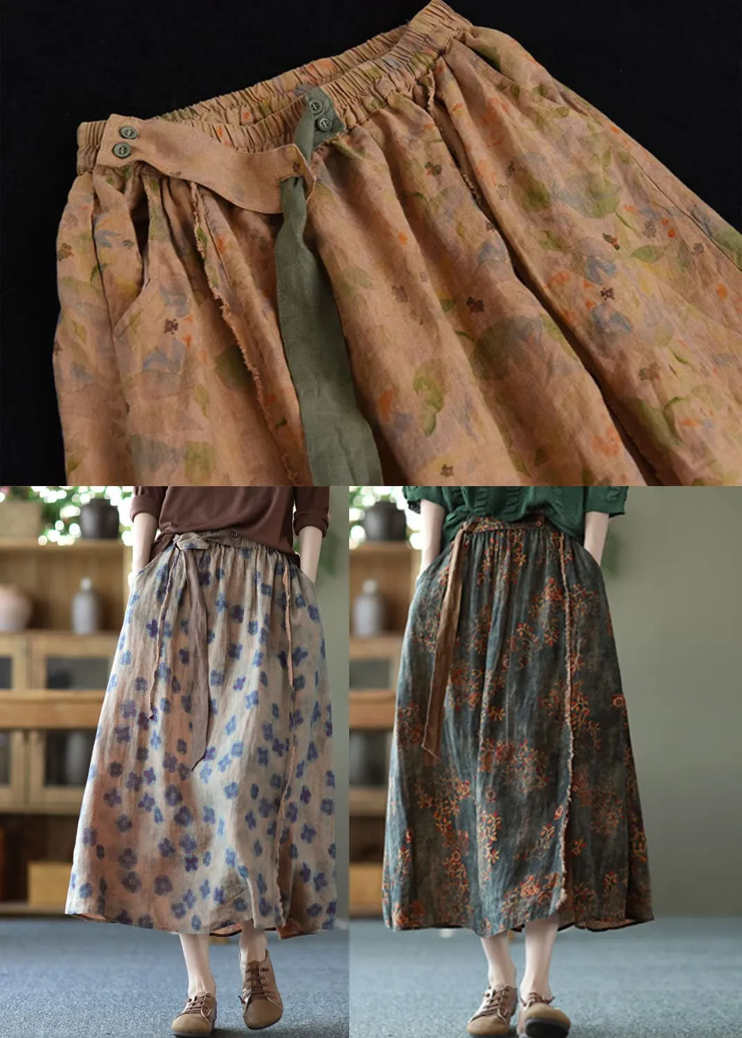 Navy Loose Linen A Line Skirt Sashes Elastic Waist Summer