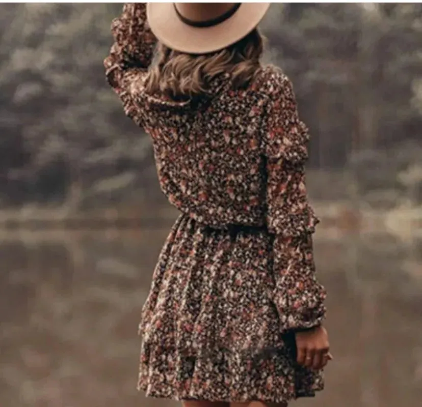 Naxi-Floral Print Crewneck Long Sleeve Dress for Women