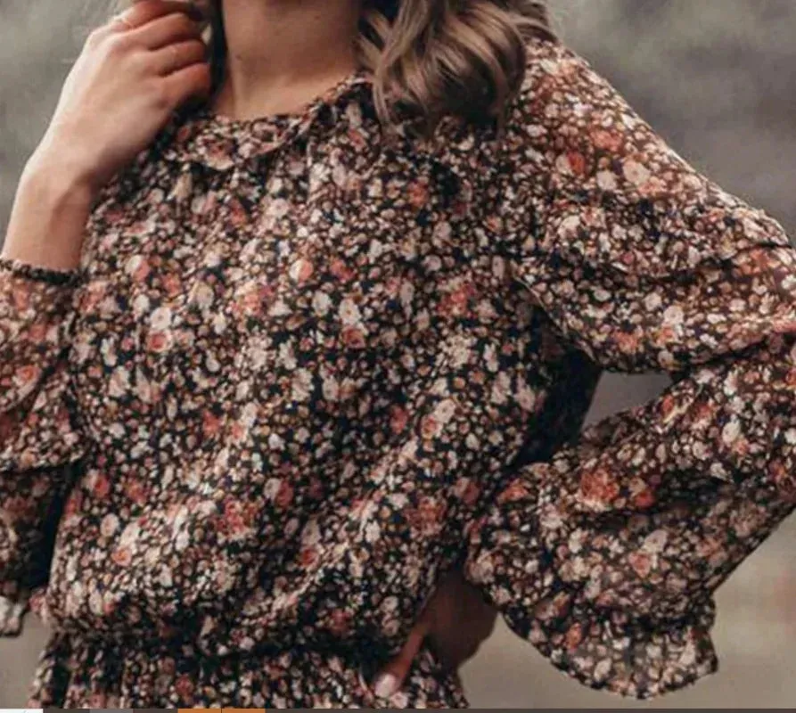Naxi-Floral Print Crewneck Long Sleeve Dress for Women
