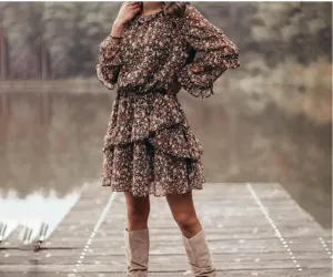 Naxi-Floral Print Crewneck Long Sleeve Dress for Women