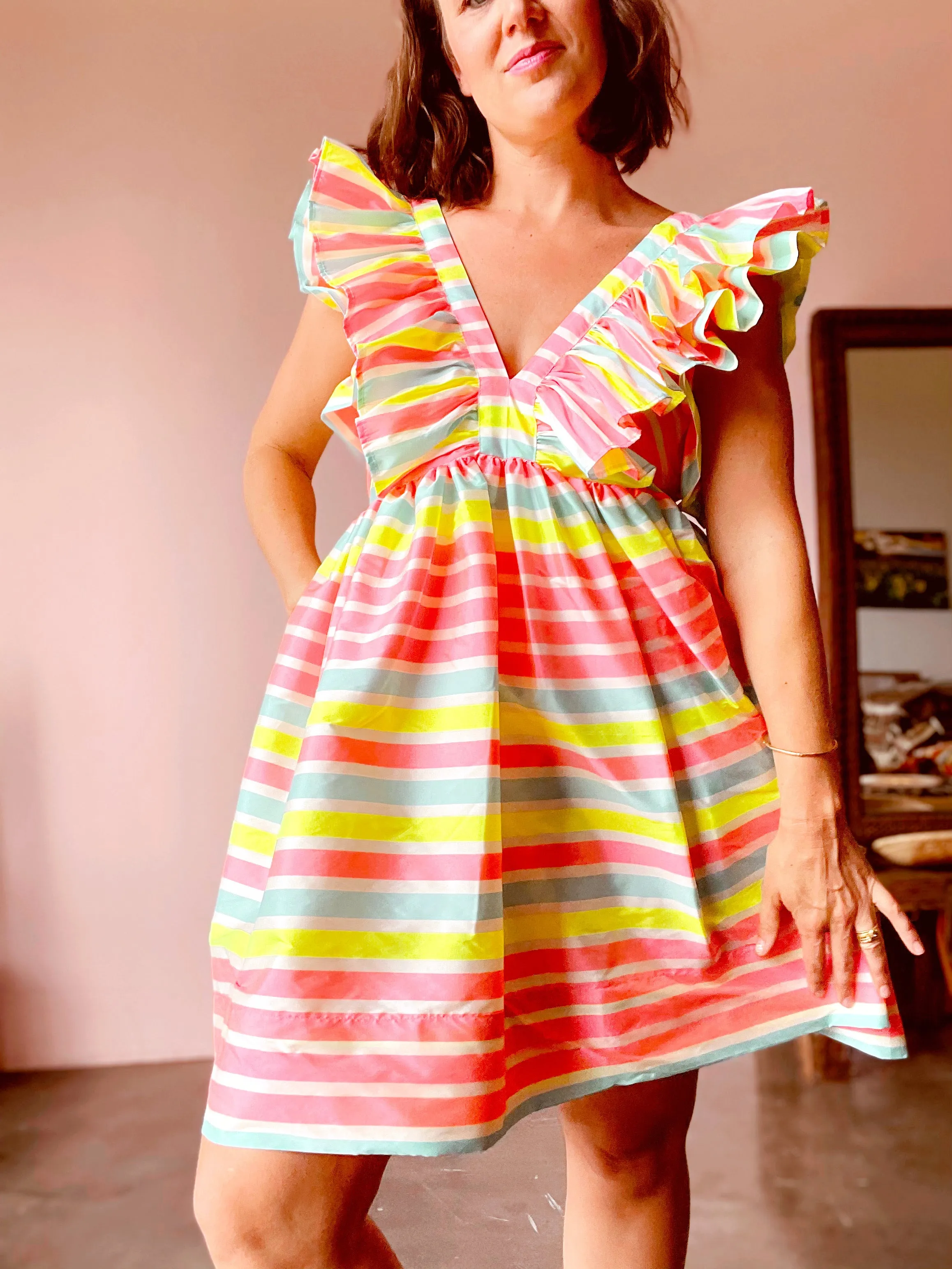 Neon stripped ruffle dress