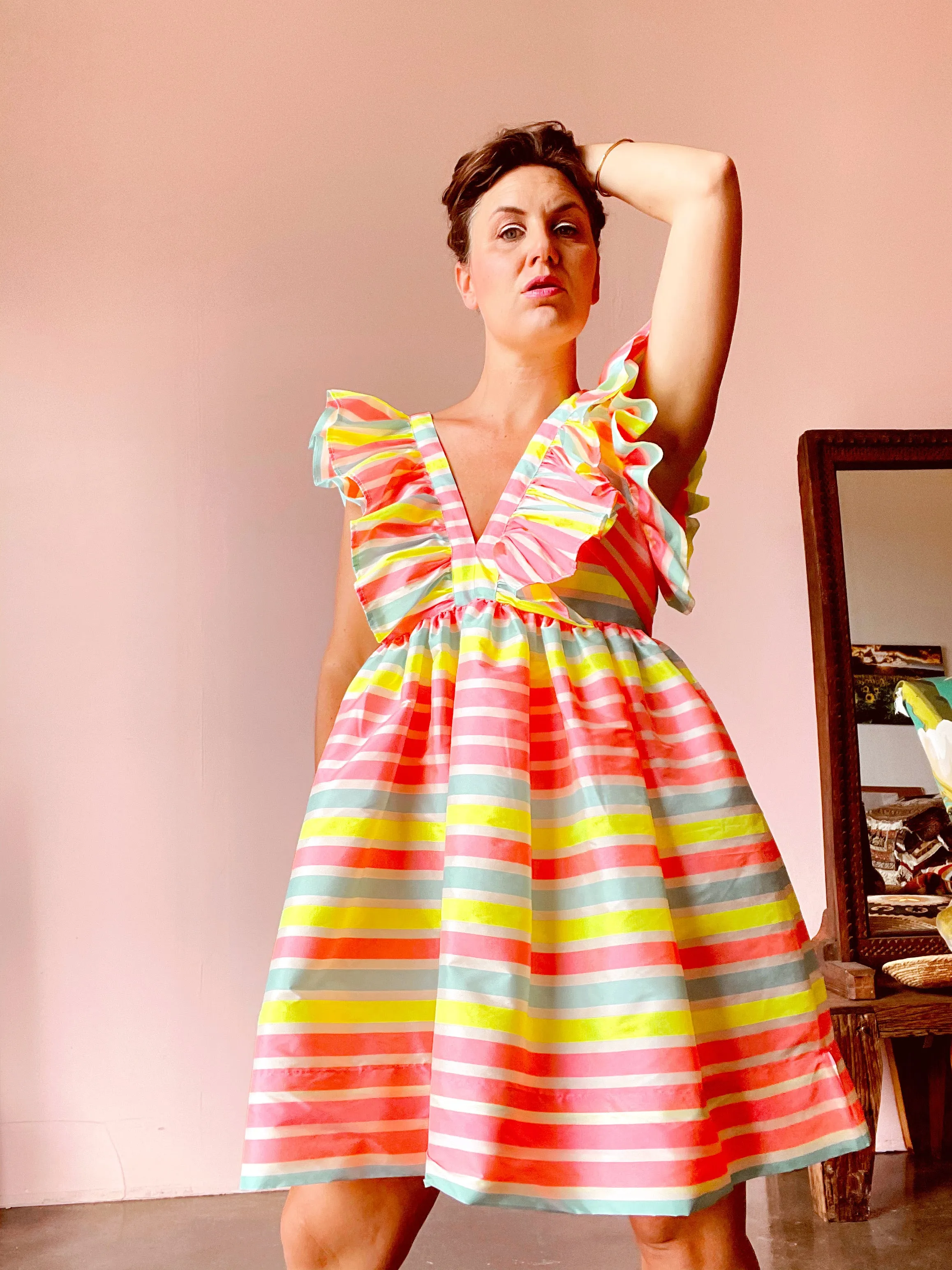Neon stripped ruffle dress