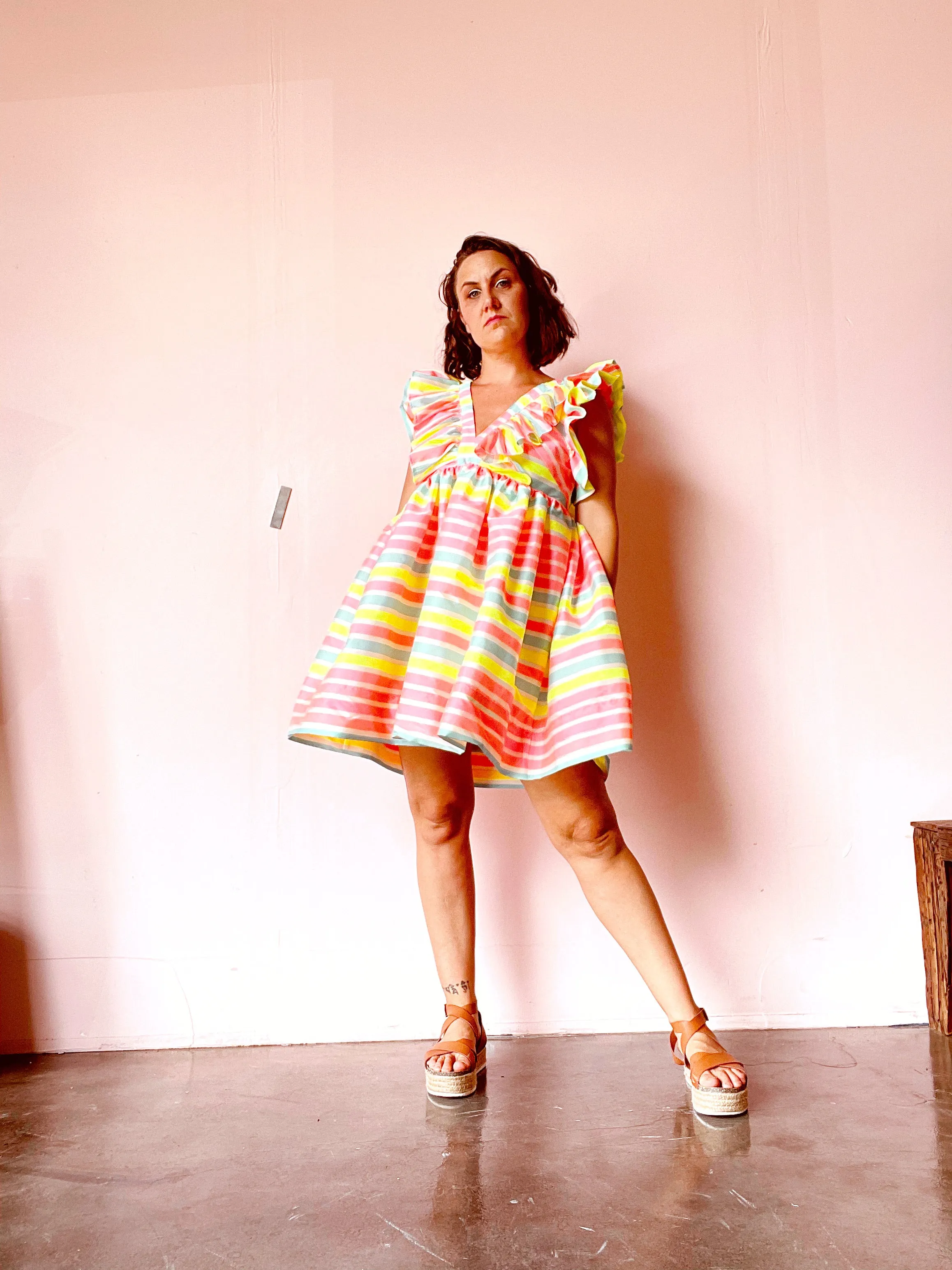 Neon stripped ruffle dress
