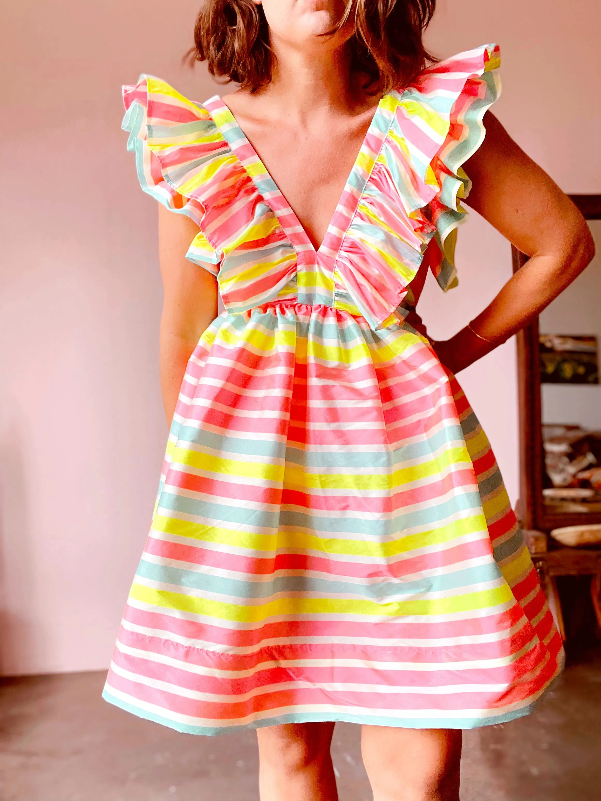 Neon stripped ruffle dress