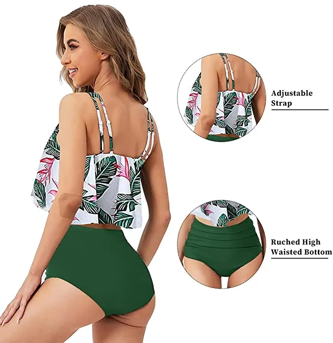 New with tags! MiYang Women's High Waist Flounce Ruffle Top Bikini Swimsuits Tummy Control Bottoms Two-Piece Bathing Suits Flounce Peplum, Sz L!
