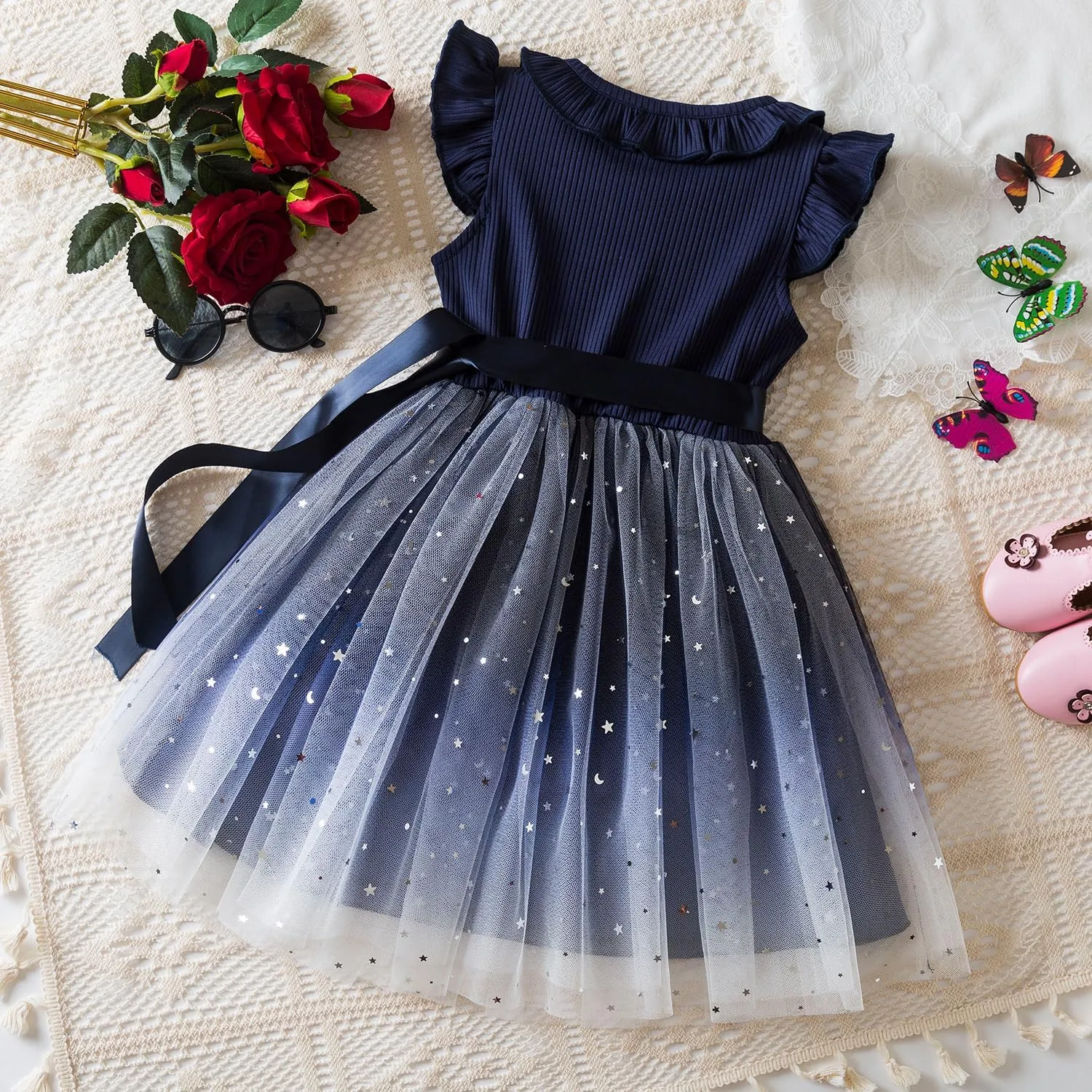 NNJXD Little Girl Tutu Dress Tulle Ruffles Flower Girls Wedding Party Dresses