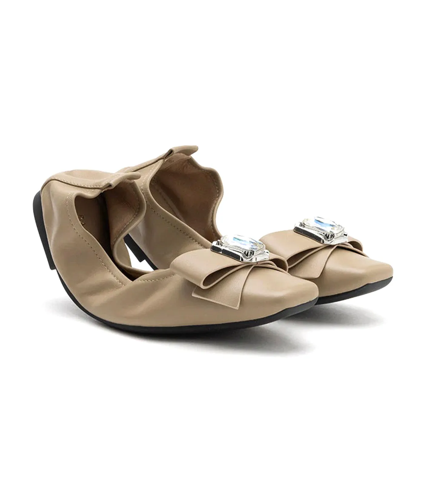 Noelle Diamante Bow Foldable Flats Khaki