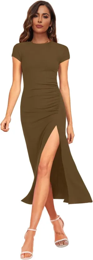 NOVANDO Casual Short Sleeve Ruched Cotton Bodycon Midi Dress for Women 2024 Summer Crew Neck Party Club T Shirt Dress