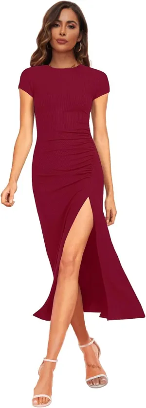 NOVANDO Casual Short Sleeve Ruched Cotton Bodycon Midi Dress for Women 2024 Summer Crew Neck Party Club T Shirt Dress