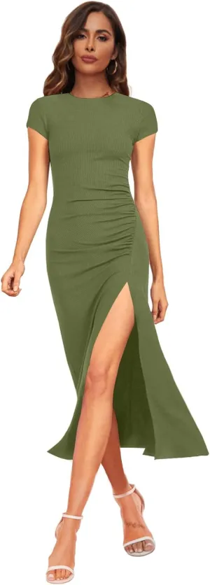 NOVANDO Casual Short Sleeve Ruched Cotton Bodycon Midi Dress for Women 2024 Summer Crew Neck Party Club T Shirt Dress