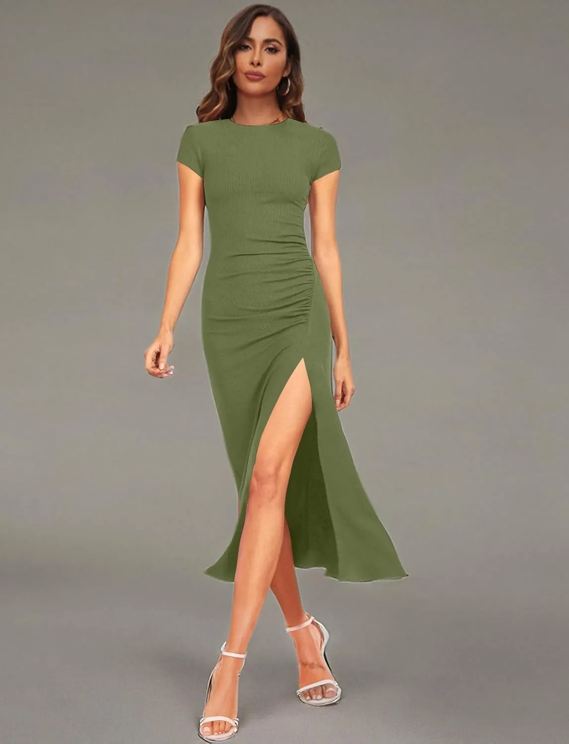 NOVANDO Casual Short Sleeve Ruched Cotton Bodycon Midi Dress for Women 2024 Summer Crew Neck Party Club T Shirt Dress
