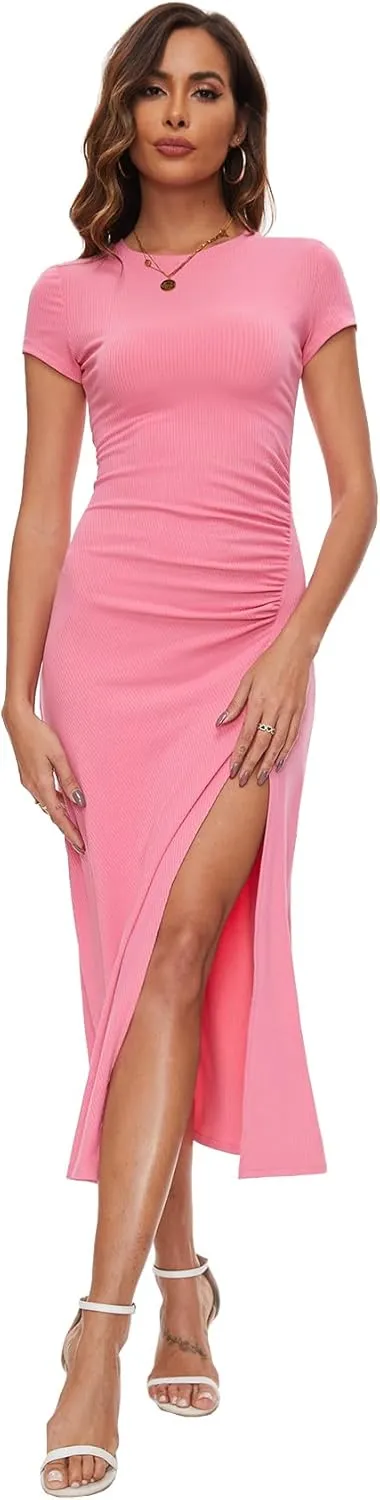 NOVANDO Casual Short Sleeve Ruched Cotton Bodycon Midi Dress for Women 2024 Summer Crew Neck Party Club T Shirt Dress
