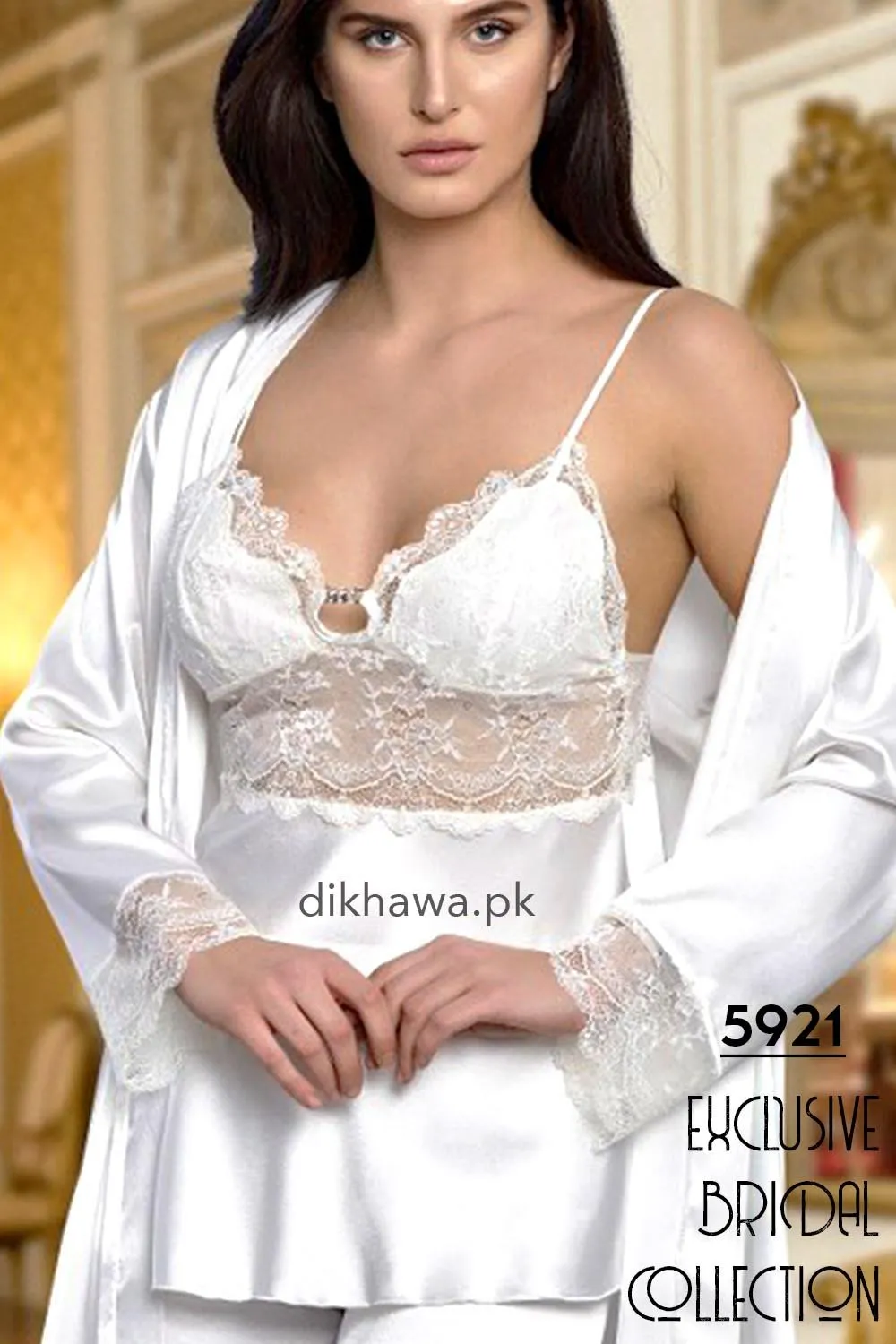 Nurteks - Exclusive Bridal Wedding Honeymoon 3Pc Nightdress & Pajama Set White 5921 - Turkish Brand