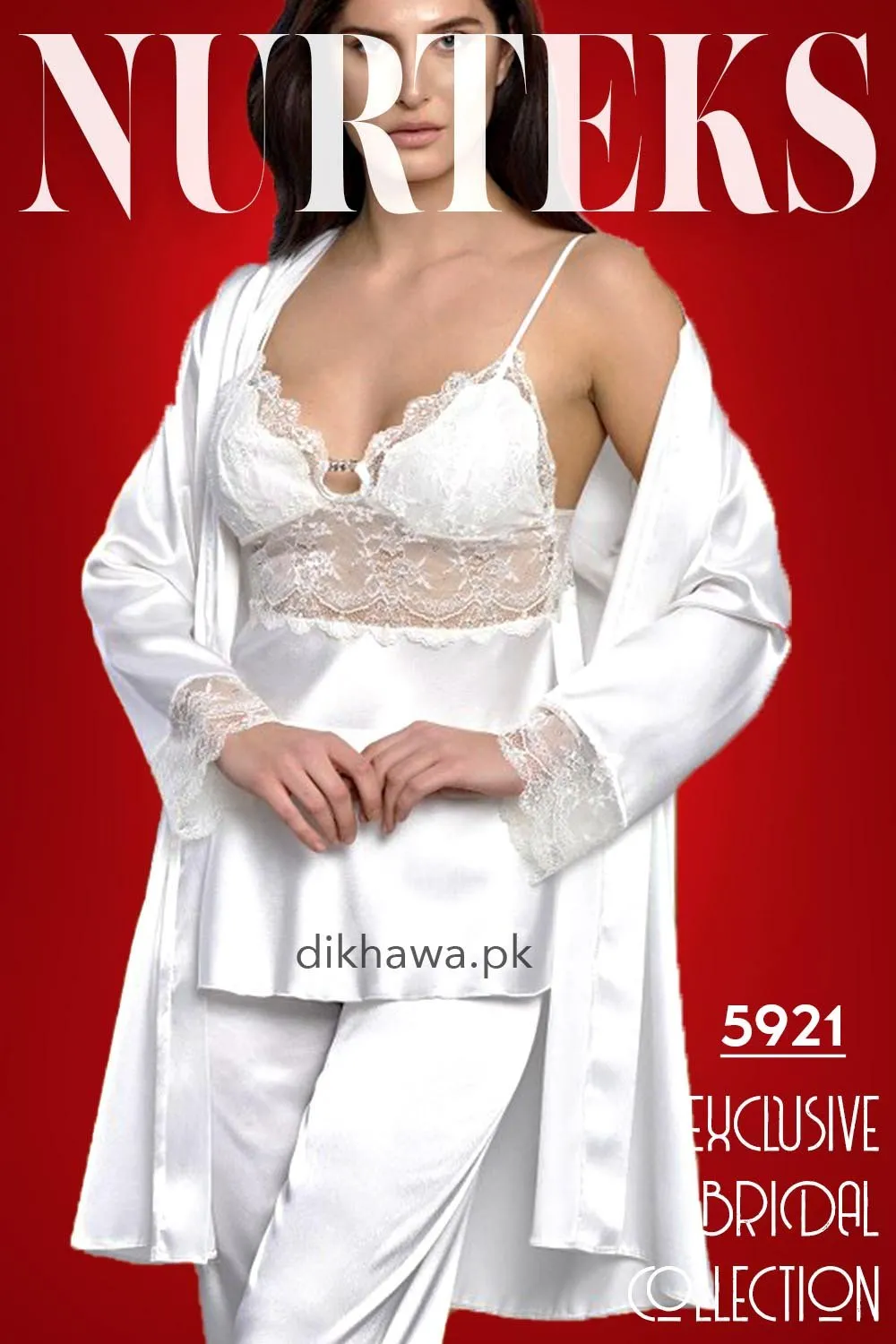 Nurteks - Exclusive Bridal Wedding Honeymoon 3Pc Nightdress & Pajama Set White 5921 - Turkish Brand