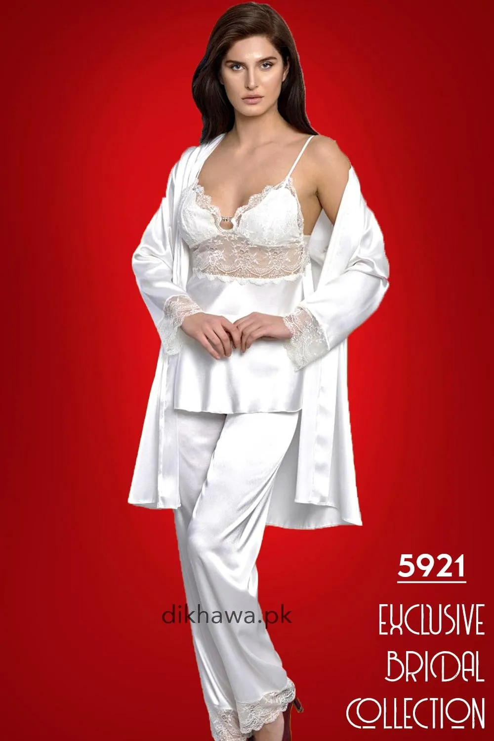 Nurteks - Exclusive Bridal Wedding Honeymoon 3Pc Nightdress & Pajama Set White 5921 - Turkish Brand