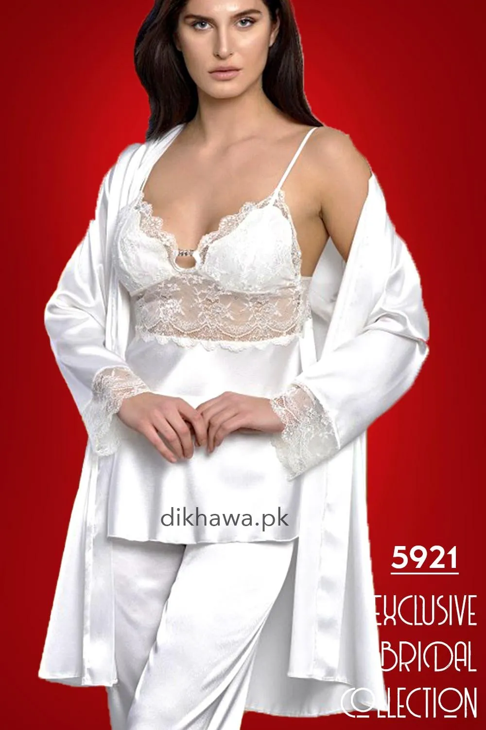 Nurteks - Exclusive Bridal Wedding Honeymoon 3Pc Nightdress & Pajama Set White 5921 - Turkish Brand