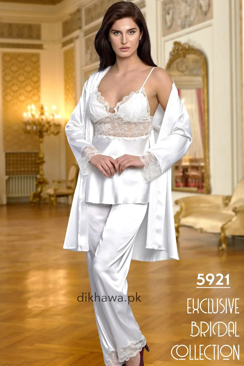 Nurteks - Exclusive Bridal Wedding Honeymoon 3Pc Nightdress & Pajama Set White 5921 - Turkish Brand