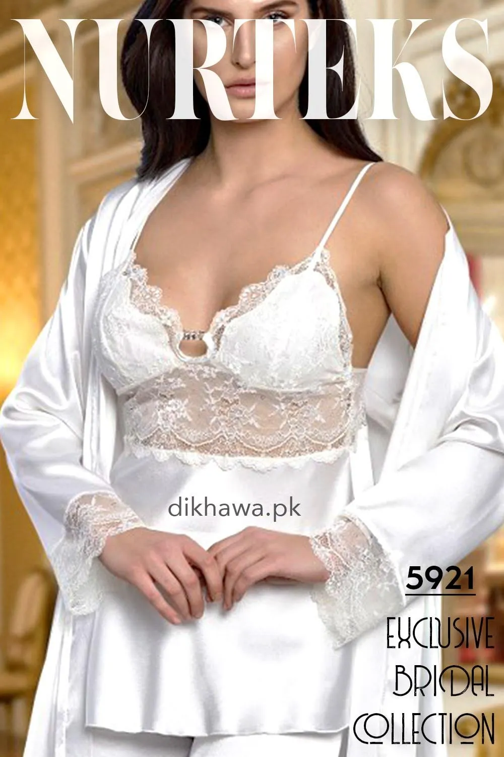 Nurteks - Exclusive Bridal Wedding Honeymoon 3Pc Nightdress & Pajama Set White 5921 - Turkish Brand