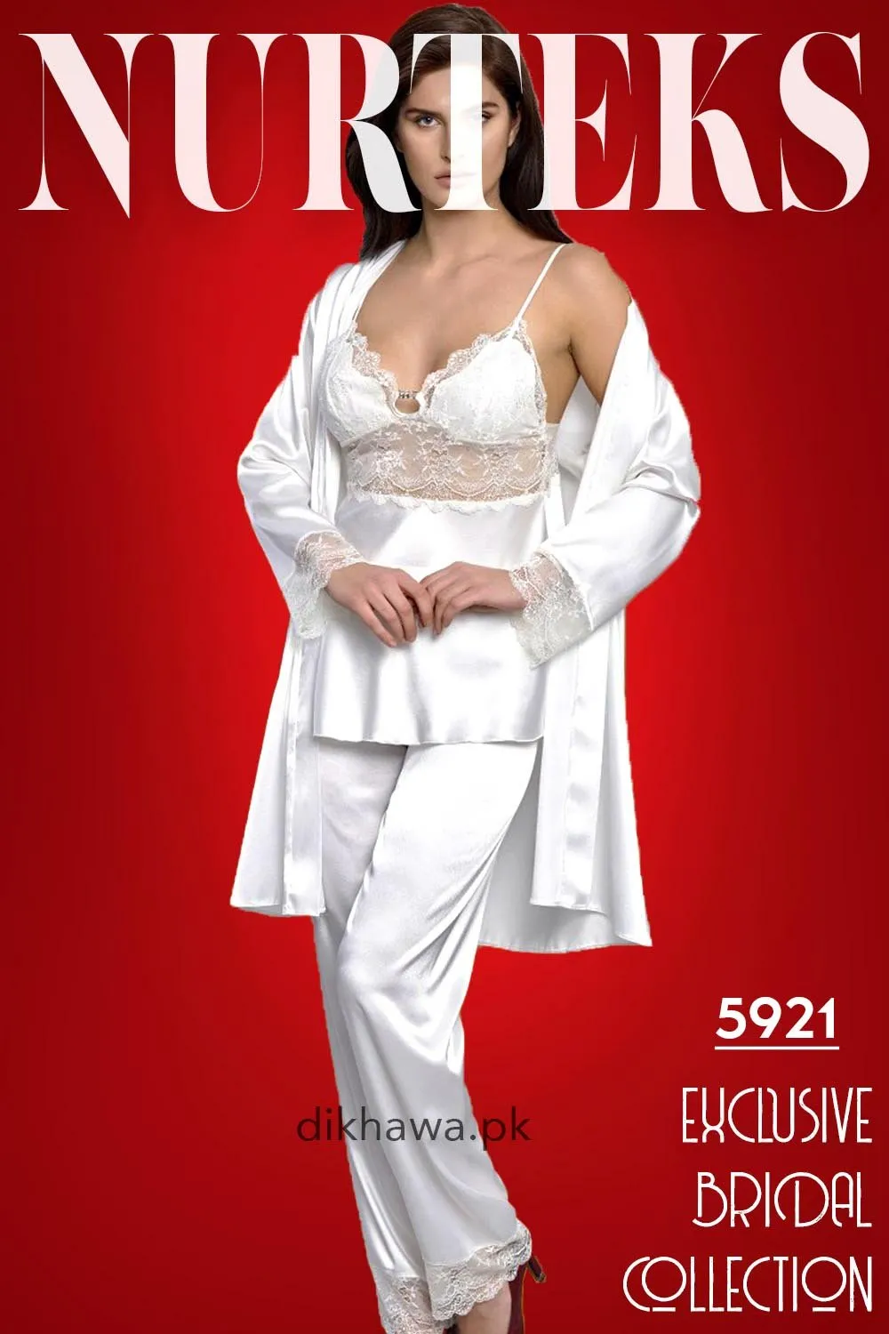 Nurteks - Exclusive Bridal Wedding Honeymoon 3Pc Nightdress & Pajama Set White 5921 - Turkish Brand