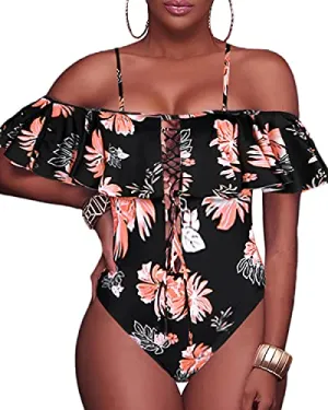 Off-Shoulder Lace-Up One Piece Swimsuit For Women-Black Orange Floral