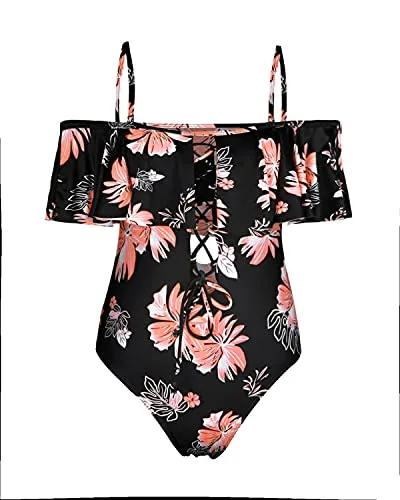 Off-Shoulder Lace-Up One Piece Swimsuit For Women-Black Orange Floral