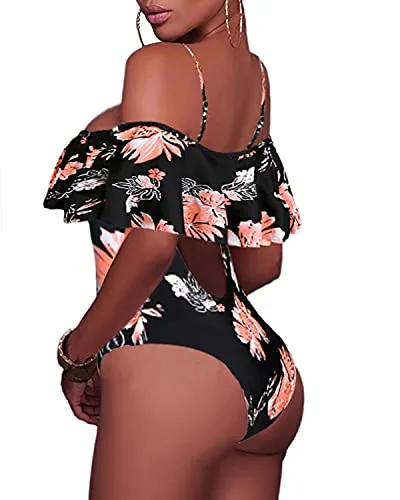 Off-Shoulder Lace-Up One Piece Swimsuit For Women-Black Orange Floral