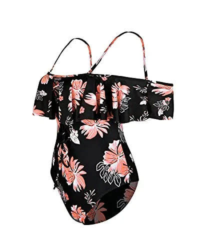 Off-Shoulder Lace-Up One Piece Swimsuit For Women-Black Orange Floral