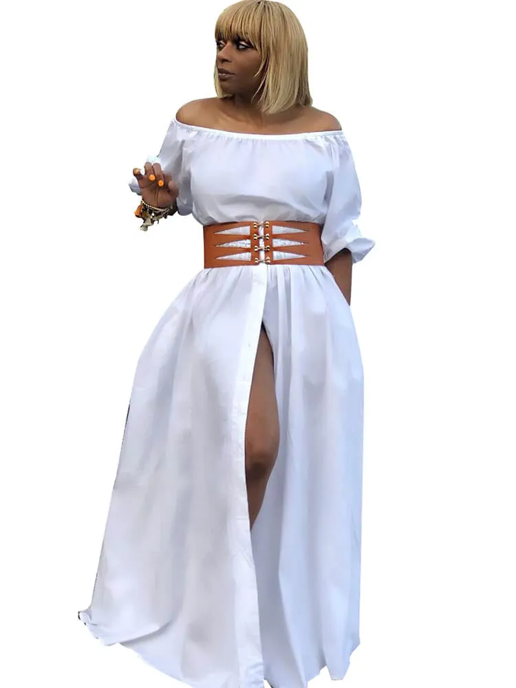 Off Shoulder Puff Sleeve High Slit Button Down Maxi Dresses