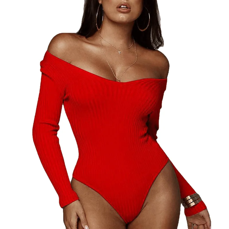 Off Shoulder Ribbed Knitted Sexy Bodysuit Women Black V Neck Summer Slim Rompers Womens Jumpsuit Winter Basic Bodysuits