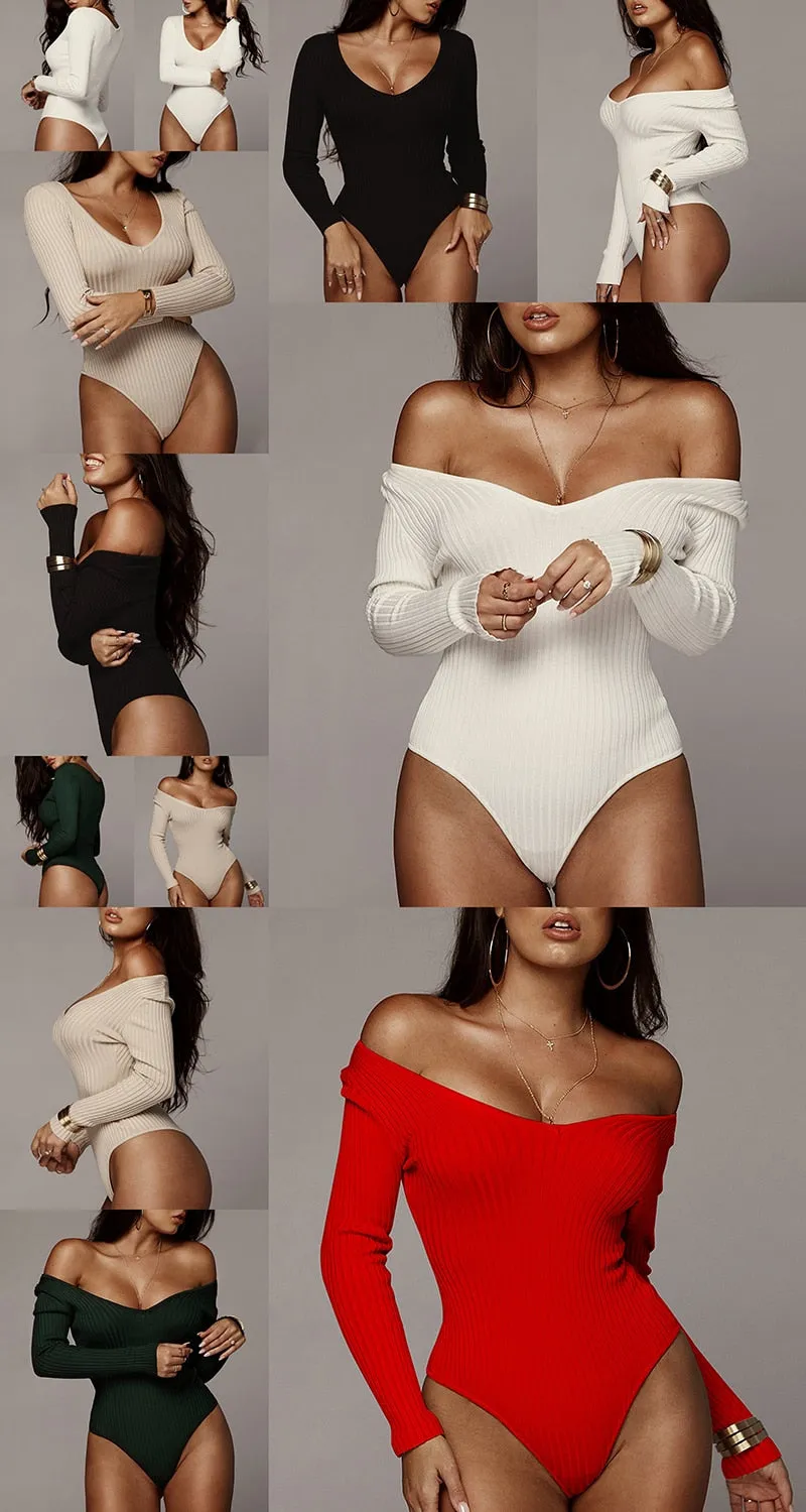 Off Shoulder Ribbed Knitted Sexy Bodysuit Women Black V Neck Summer Slim Rompers Womens Jumpsuit Winter Basic Bodysuits