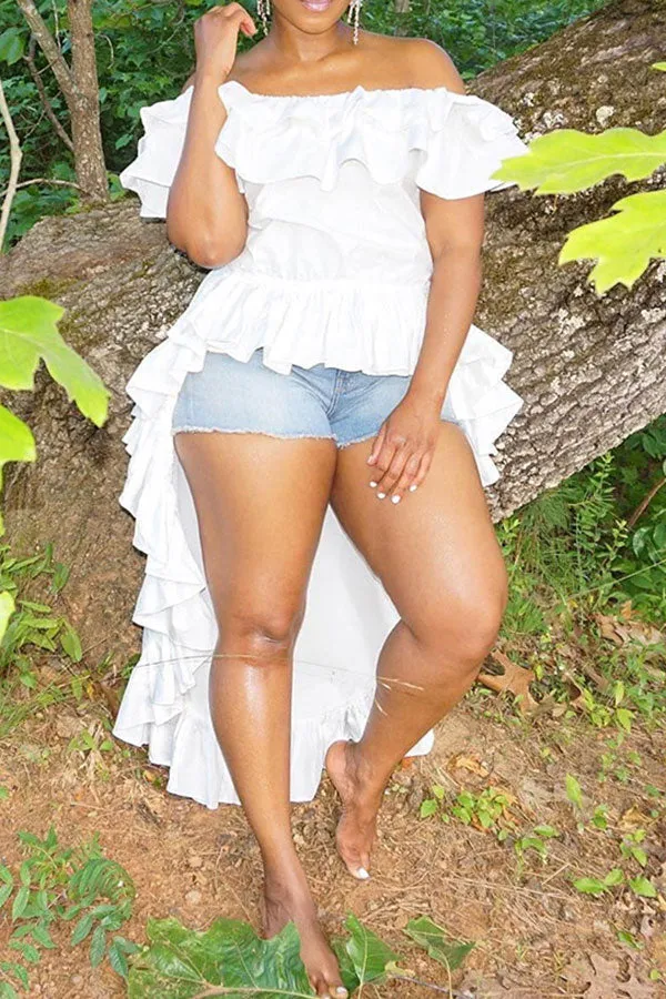 Off Shoulder Stylish Layered Ruffle High Low Blouse