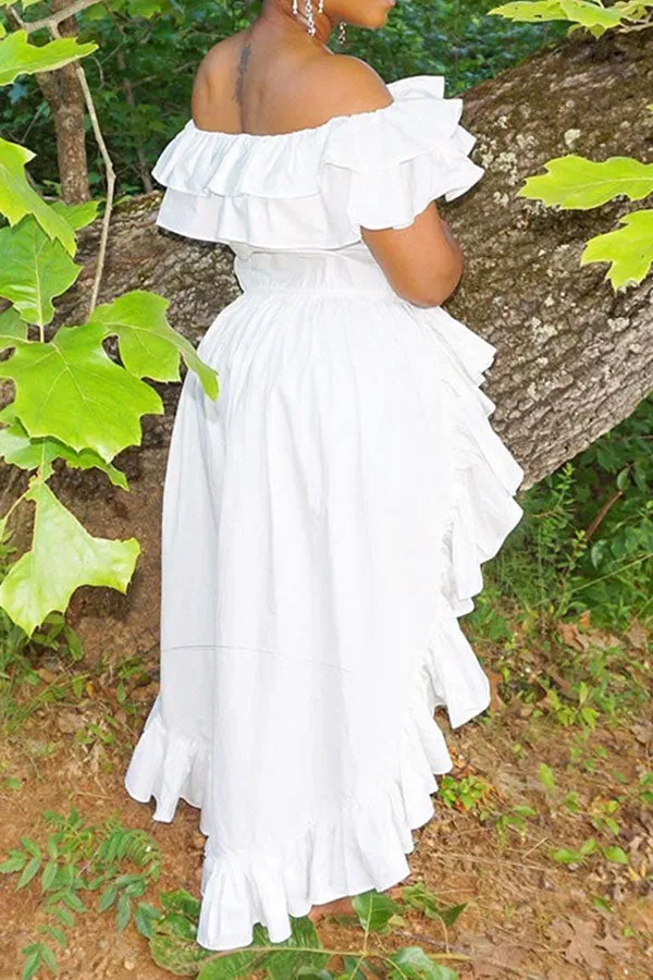 Off Shoulder Stylish Layered Ruffle High Low Blouse