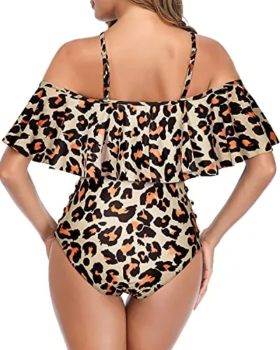 Off Shoulder Tummy Control One Piece Ruffle Swimsuits For Women-Leopard