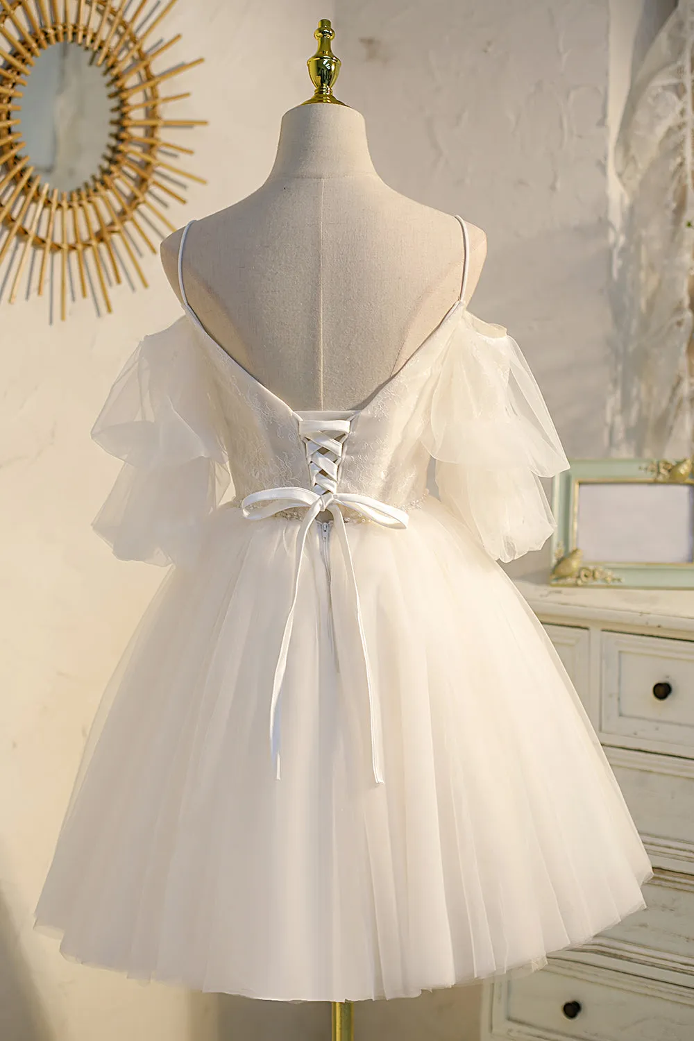 Off-the-shoulder A-Line V-Neck Lace Tulle Homecoming Dress
