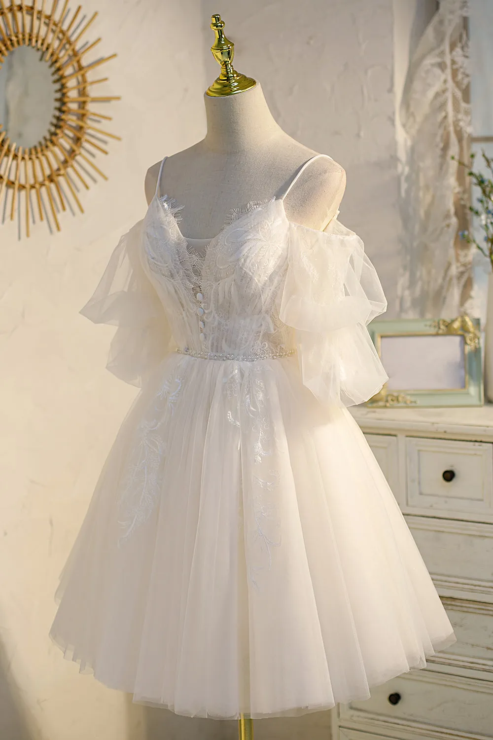 Off-the-shoulder A-Line V-Neck Lace Tulle Homecoming Dress