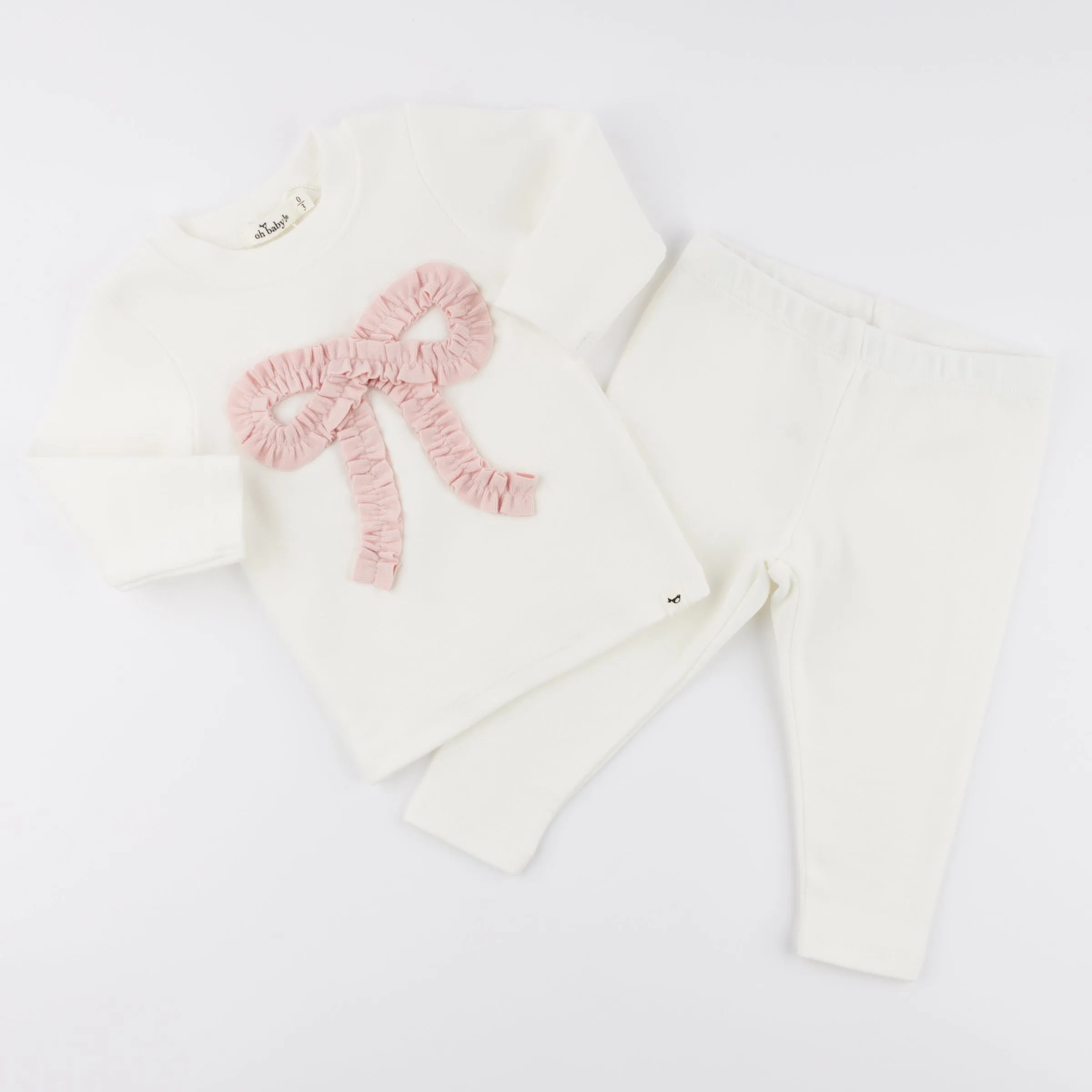 oh baby! Two Piece Set - Baby Pink Knit Ruffle Bow Applique - Cream