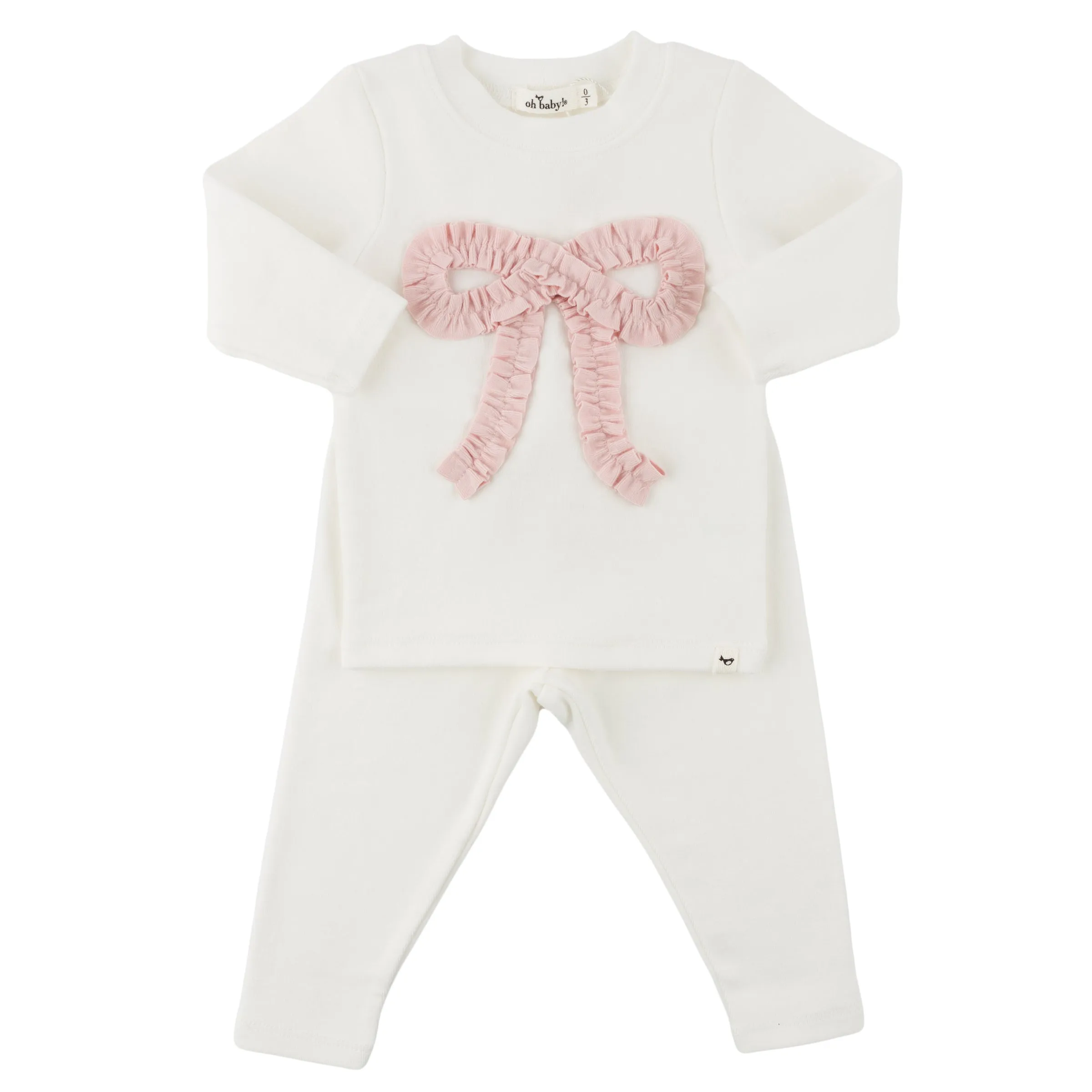 oh baby! Two Piece Set - Baby Pink Knit Ruffle Bow Applique - Cream