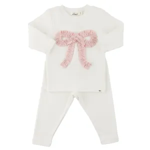 oh baby! Two Piece Set - Baby Pink Knit Ruffle Bow Applique - Cream