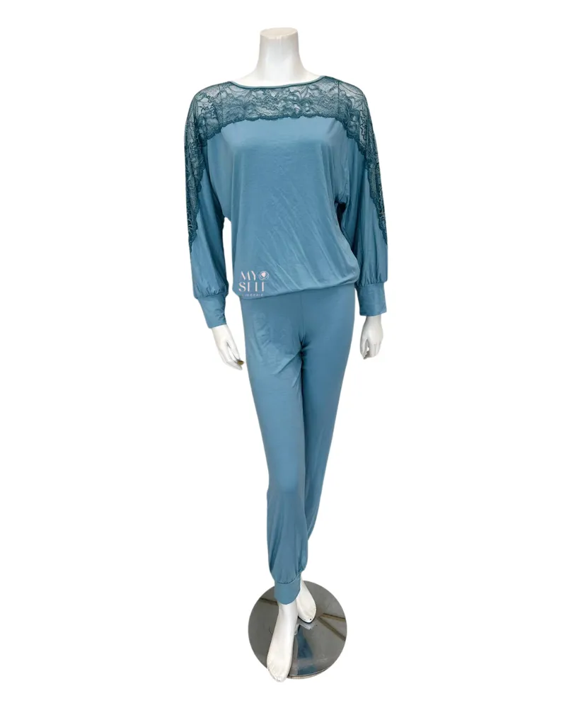 Oh! Zuza Aqua Sheer Lace Sleeves Modal Pajamas Set
