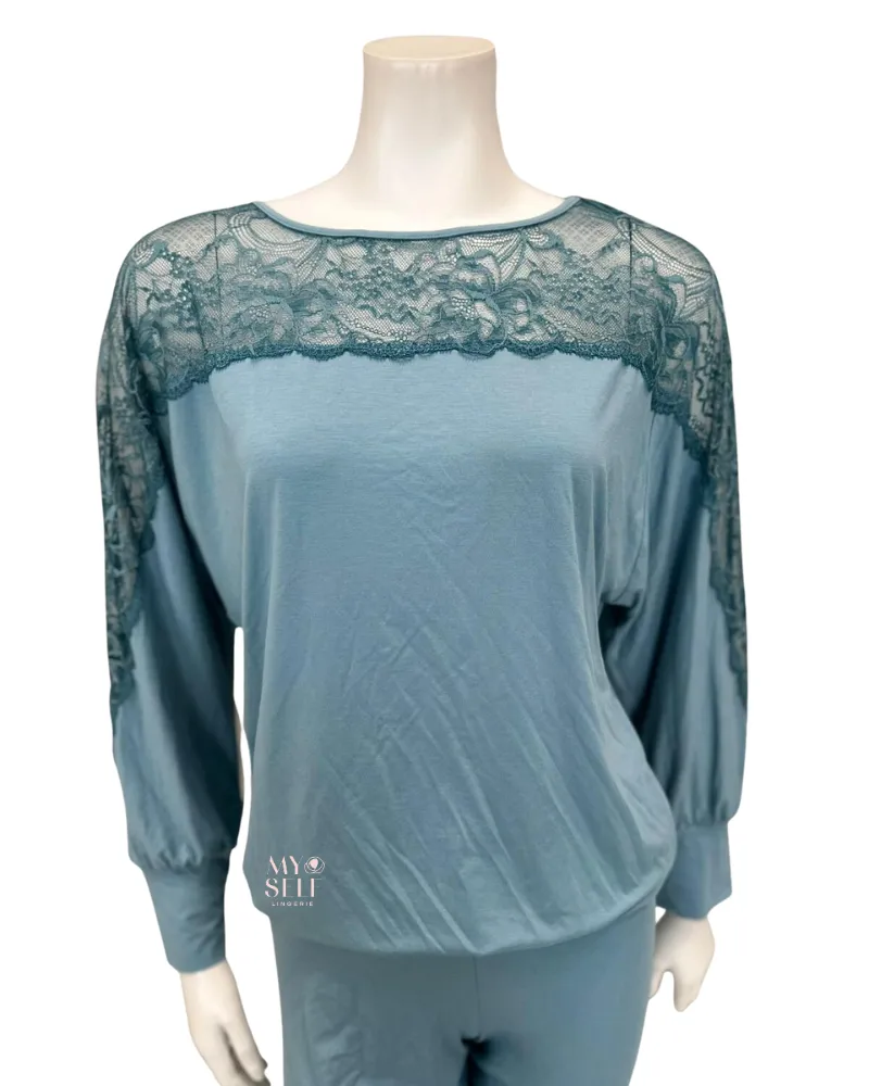 Oh! Zuza Aqua Sheer Lace Sleeves Modal Pajamas Set