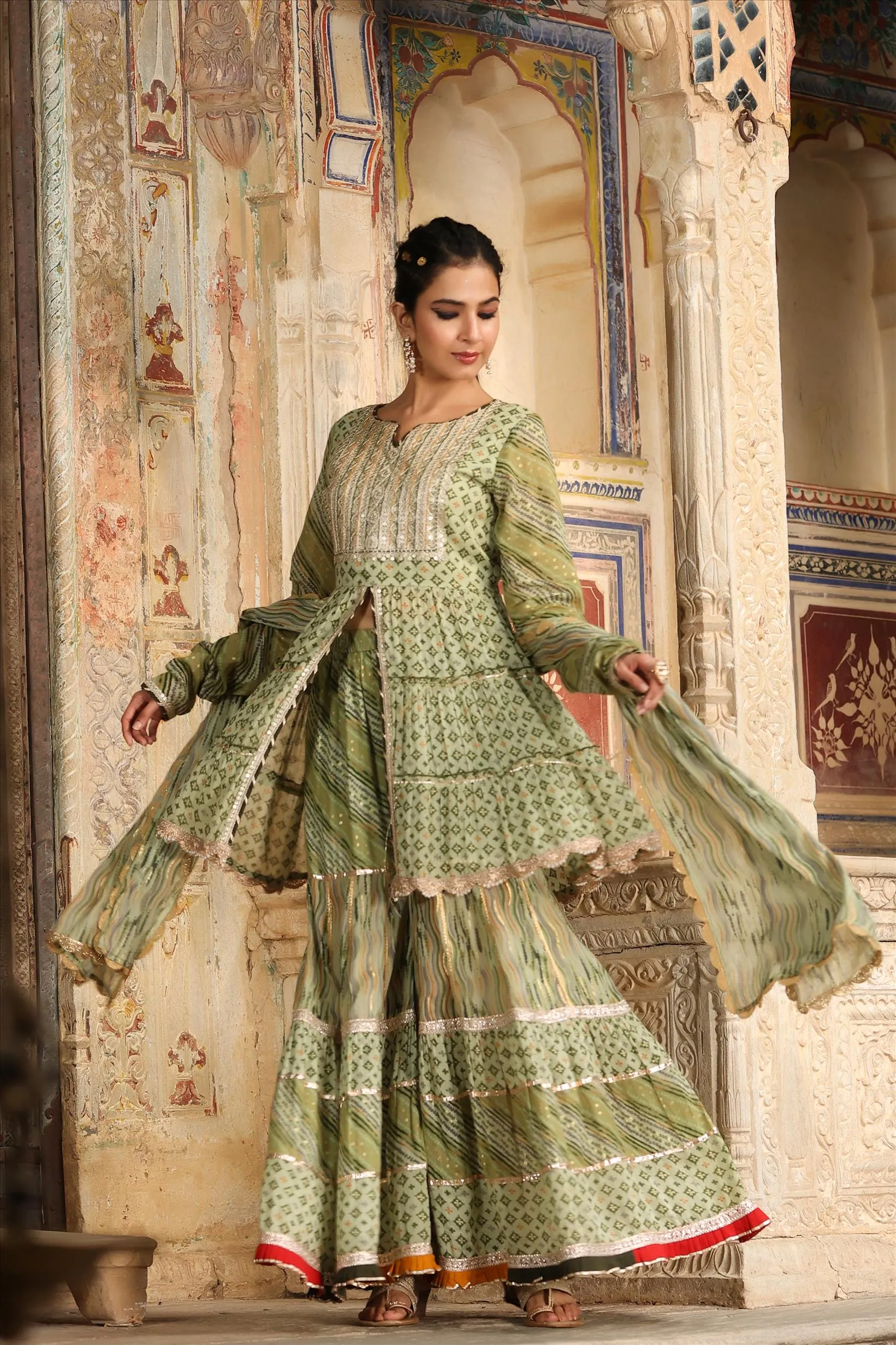 Olive Green Mul Cotton Gota Work Sharara Set