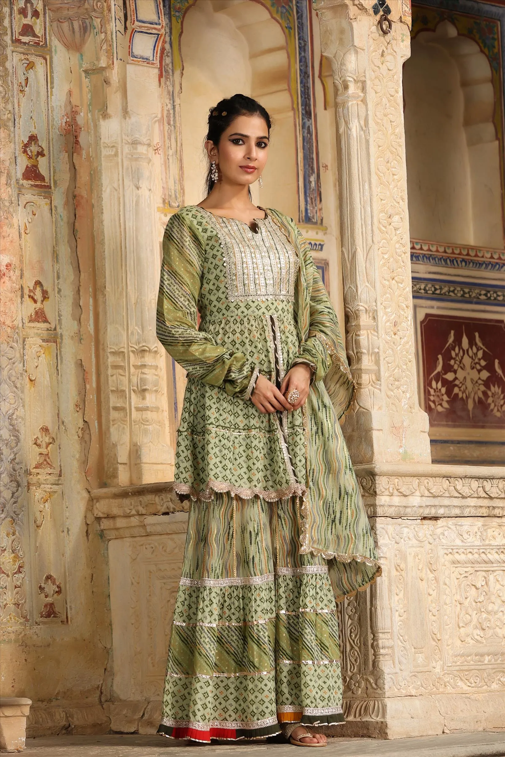 Olive Green Mul Cotton Gota Work Sharara Set