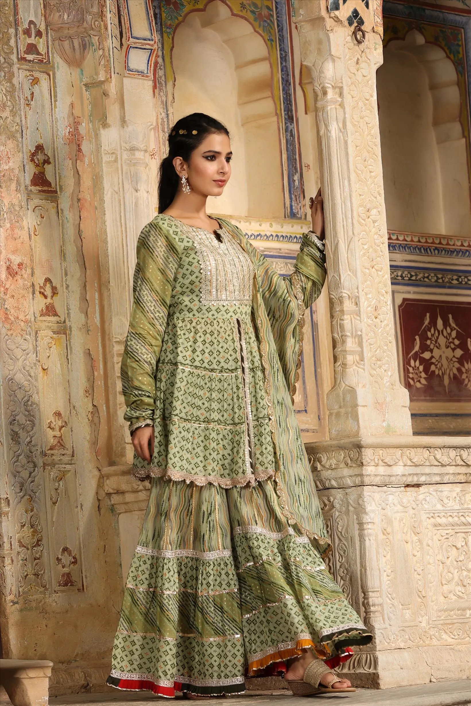 Olive Green Mul Cotton Gota Work Sharara Set