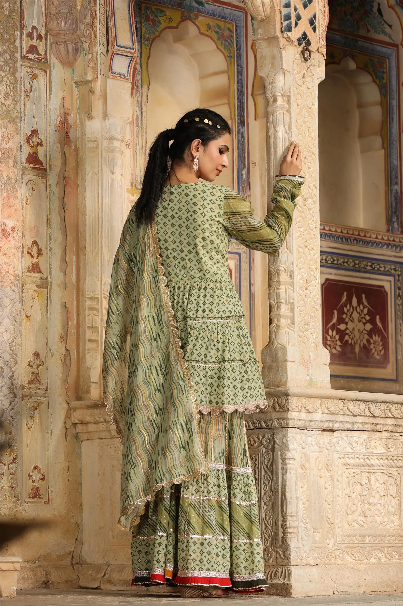 Olive Green Mul Cotton Gota Work Sharara Set