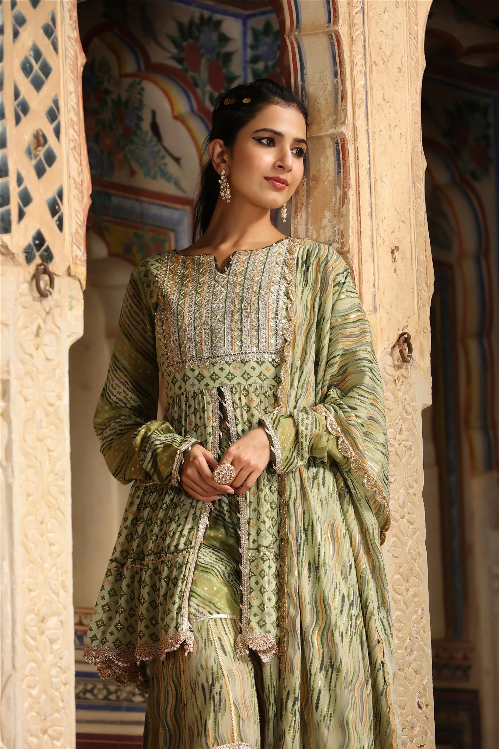 Olive Green Mul Cotton Gota Work Sharara Set