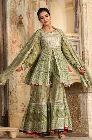 Olive Green Mul Cotton Gota Work Sharara Set