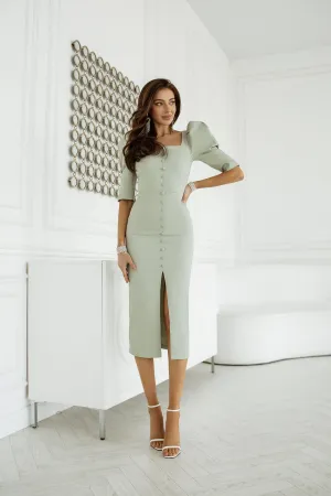 Olive Puff Sleeve Midi Dress