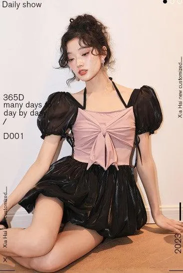 One-piece Fluffy Skirt Puff Sleeve Small Chest Gathered Senior Hot Girl Vacation Swimwear